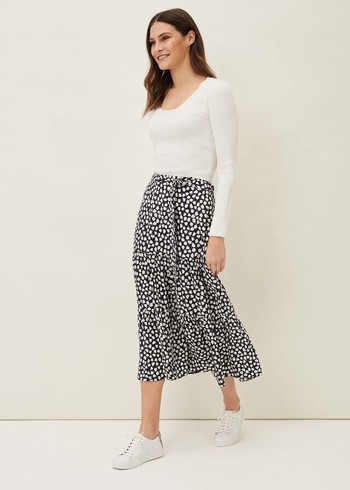 Phase Eight Tana Leaf Print Skirts Navy/White USA | 5398210-JT